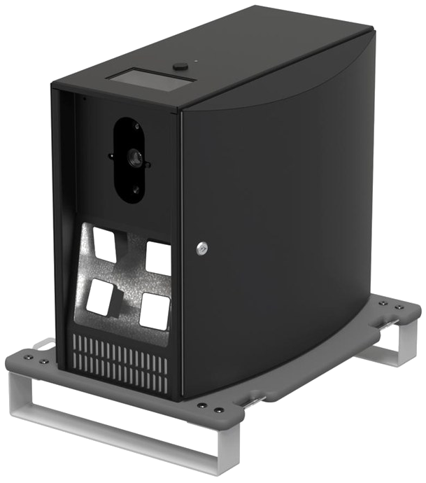 The Sentispec Inventory recording unit, a camera enclosure mounted on a forklift fork frame