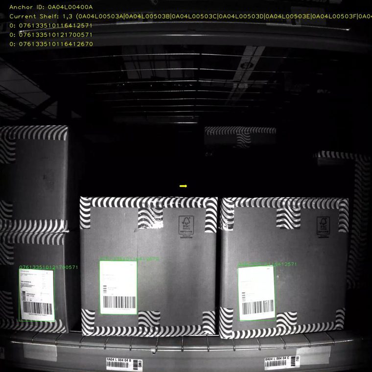 A detection image from a Sentispec recording showing both occupied and empty positions identified in a block stacked racking aisle